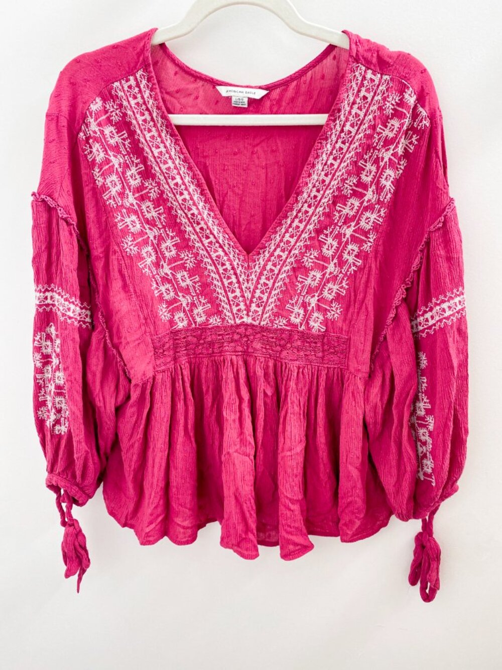 American Eagle Purple Boho Embroidered Peasant Blouse - Size Large